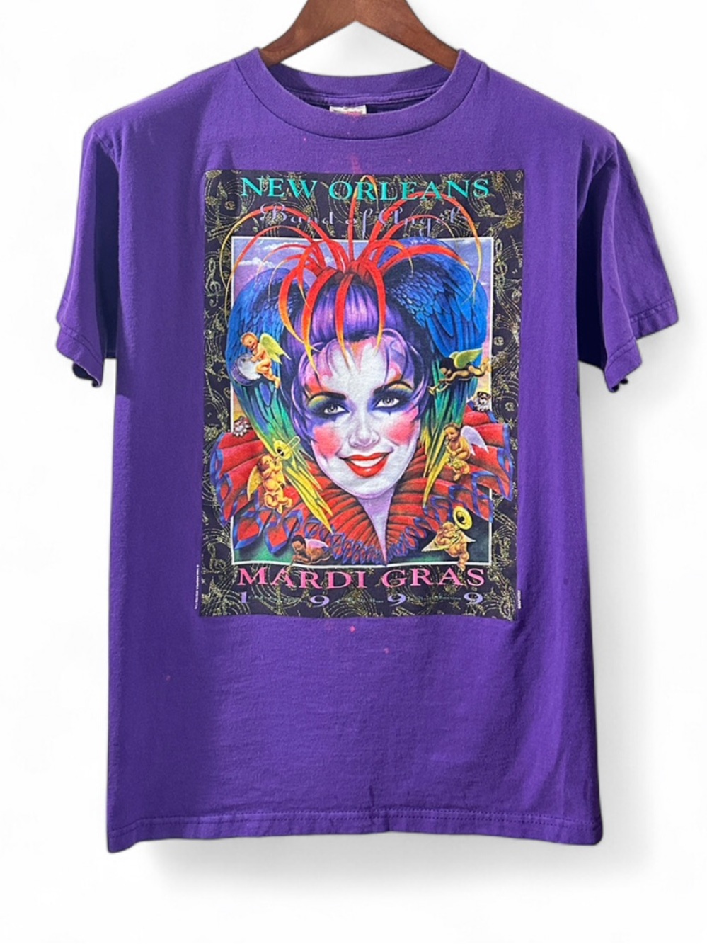 Vintage 90s Purple Mardi Gras New Orleans Carnival Graphic T-shirt Size Medium